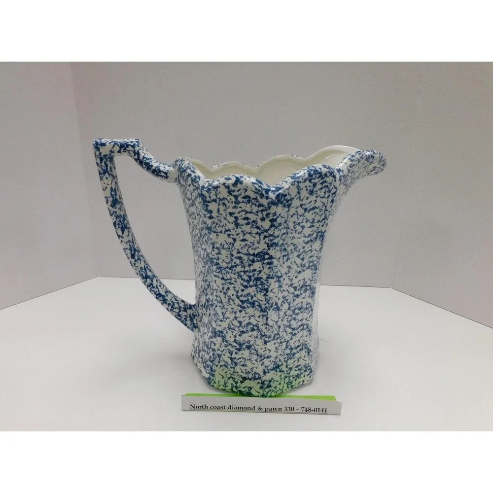 Vtg McCoy Blue and White Sponge Splatter ware Ceramic Pitcher Scalloped Edge DW8
